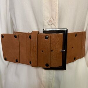 Brown PU leather wide elastic waistband belt with hematite tone rectangle buckle